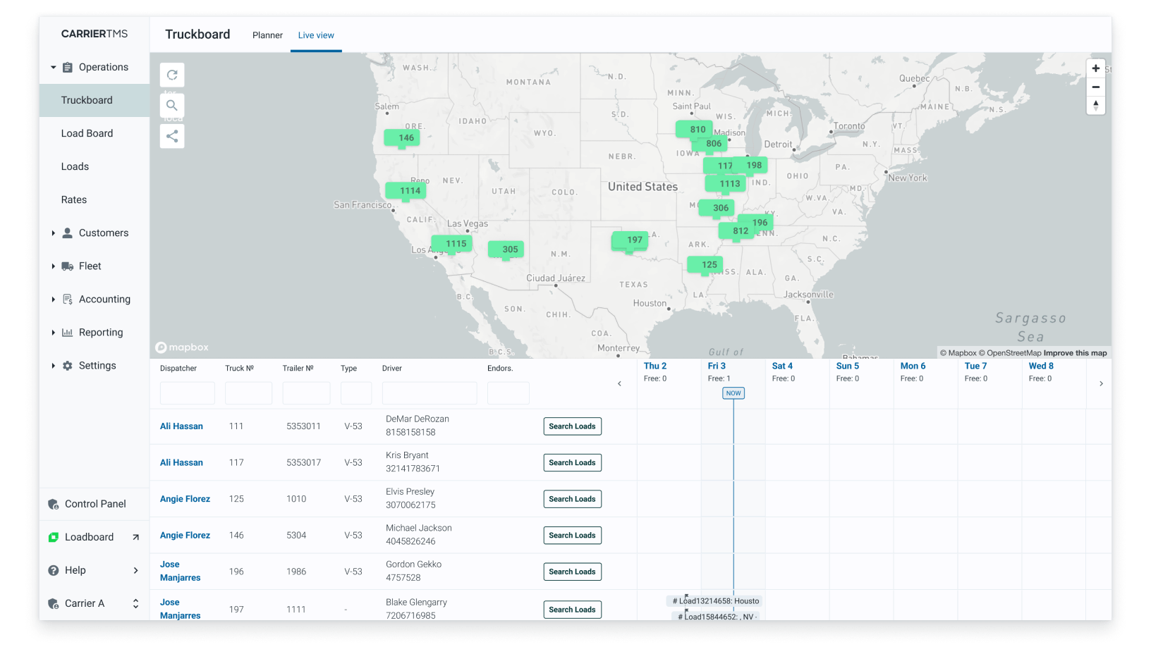 Carrier TMS dashboard screeenshots